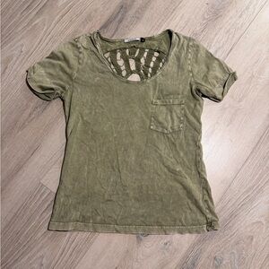 Only Olive Short Sleeve Top with Pocket and Skull cut out back
